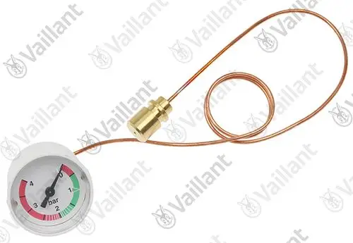 Vaillant Manometer mit einer Skala bis 4 bar. Der Druckmesser ist mit einer Kupferleitung verbunden, die zu einem Messsensor führt.